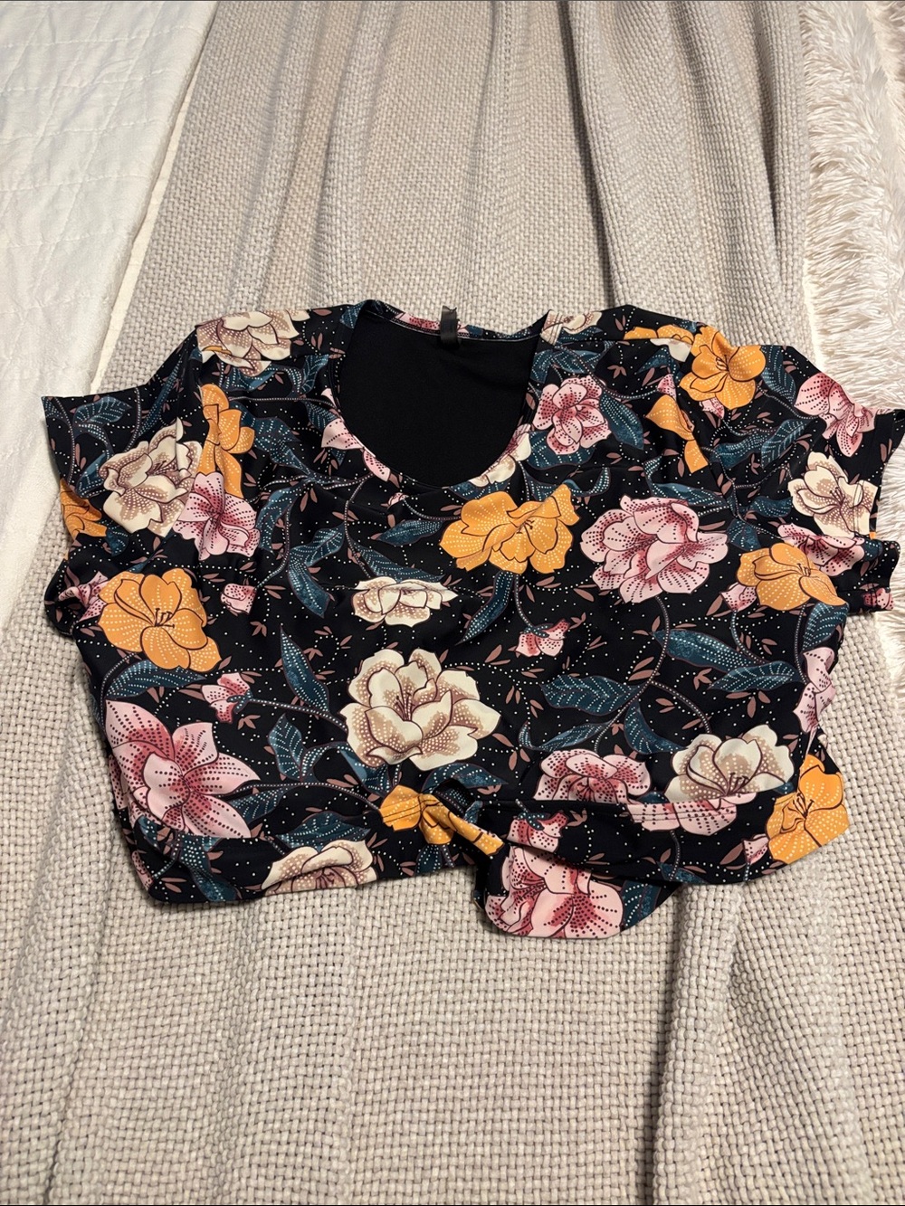 Floral Short Sleeve Crop Top in Black with Yellow & Pink Blooms